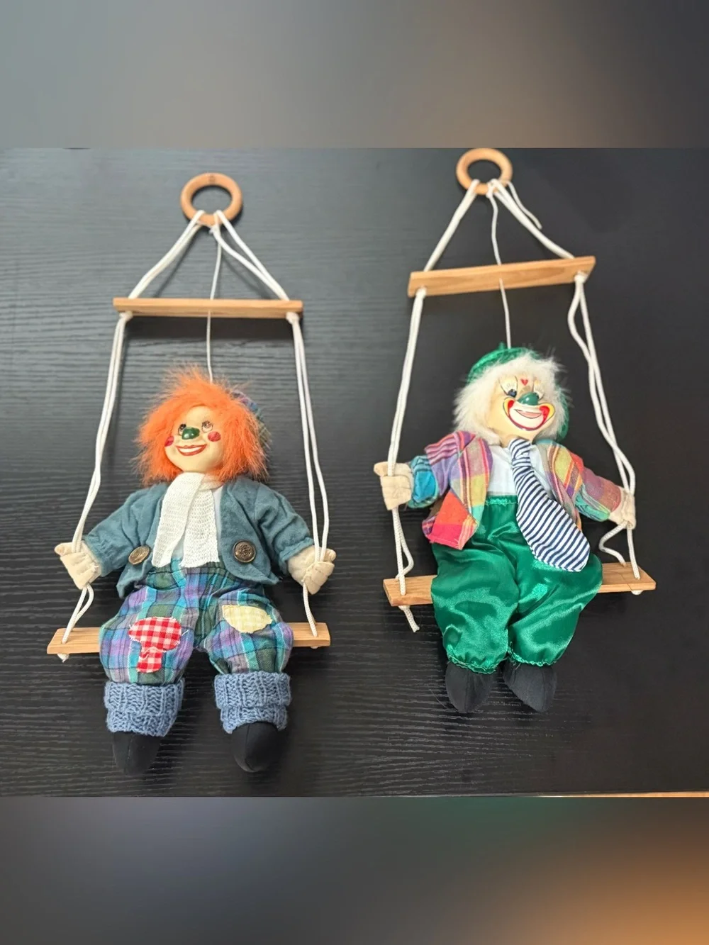 Pair of Vintage Porcelain Clowns on Wooden Swings Hanging Wall Decor Rare Lot